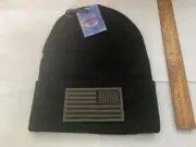 USA Flag Olive Green and black Patch Facing Left Sewn on Black Watch Cap