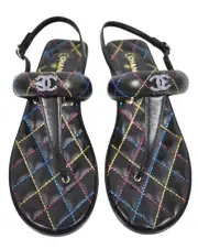 Chanel 21K Black Multicolor Leather CC Logo Mule Slide Flat Thong Sandal 37.5