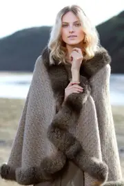 McDonald Possum Merino Womens Cable Cape With Fur - Mocha