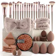 40Pcs Makeup Brush Set with Sponges Cleansing Pads Headband Wristbands-Coffee