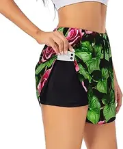 [GaxfjRu] Floral Rose Ivy with Leaves Spring Print Women's Running Shorts High Waisted Running Shorts Pocket Sporty Gym Elastic Short