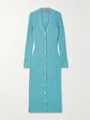 [The Elder Statesman] The Elder Statesman - June Ribbed Cotton, Linen And Silk-blend Midi Dress - Turquoise - x small x small Blue