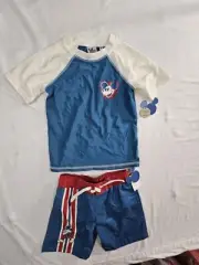 Disney Kid Swim Shirt & Trunks XS Shorts Mickey Mouse Stripe Junk Food S NEW