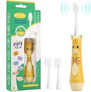 NELL&WELL Kids Electric Toothbrush, 2-Min Timer, 3 Modes with Memory, IPX 7 Waterproof, Battery Powered Kids Toothbrush with 3 Soft Bristles Heads for Children Boys and Girls Ages 3+ - Yellow Cat