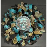 Handmade Halloween Wreath Teal Blue & Gold Steampunk Skull 24 Inch Deco Mesh