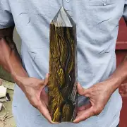 7.69lb Natural Tiger Eye Stone Obelisk Quartz Crystal Meditate Tower Healing