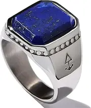 [ROCK & STEEL GERMANY] Rock and Steel Men's Stainless Steel Signet Ring with Blue Lapis Lazuli Stone