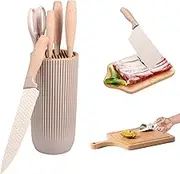 6Pcs Kitchen Knife Set Multipurpose Stainless Steel Chef Knife Block Set Nonslip Cutlery Block Kit for Cutting Fruits Vegetables Fish Meat(Beige)
