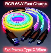 3 in 1 Fast Charging USB Charging Cable RGB Color changing LED Light 66W 3in1