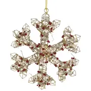 19" Lighted Champagne Gold Glittered Rattan Berry Hanging Snowflake Christmas Wi