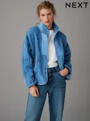 Cornflower Blue Woven Mix Teddy Borg Fleece Popper Front Jacket (E63330) | $61