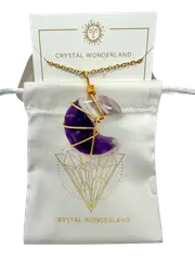 Amethyst Half Moon Shape Pendant Necklace Gold Healing Polished Tumbled