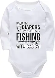 [WOOYONGING] Pack My Diapper I'm Going Fishing With Daddy Infant Girl Outfits Long Sleeve Gender Neutral Onsies White 0-3 Mont