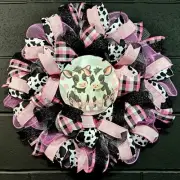Valentines Day Wreath, Cow Theme, Pink & Black, Handmade, 24 Inch, Deco Mesh
