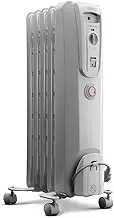 De'Longhi Thermo Electric Oil Column Heater DL1001T, 5 Fin Home Heater for Smaller Rooms, Safety Thermostat, 24-Hour Timer, 3 Power Settings, 1000W, White