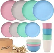 Wheat Straw Dinner Set, Unbreakable Dinnerware Sets, Reusable Plates and Bowls Sets, Lightweight, Microwave & Dishwasher Safe, Eco Friendly, Perfect for Camping, Picnic (Colorful - 16pcs)