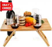 Portable Wine Picnic Table Foldable Bamboo Snack Cheese Tray with Glass Holder