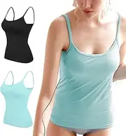 [SHEKINI] Womens Camisole Sleeveless Basic Solid Cami Tank Tops with Adjustable Spaghetti Strap Shelf Bra Undershirts Pack of 2