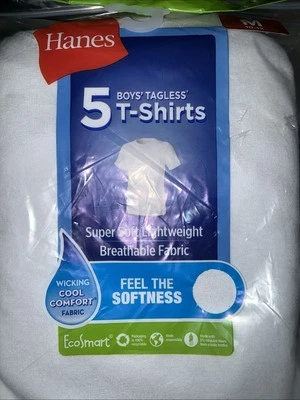 Hanes Boys 5-Pack T-Shirt Undershirt EcoSmart Crewneck Short Sleeve White M