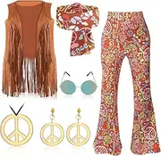 AUTOWT 7PCS 60s 70s Hippie Costume Set for Women - 1960s 1970s Hippy Outfits Accessories with Boho Flared Pants Fringe Vest Peace Sign Necklace Earrings Retro Sunglasses for Disco Carnival Party