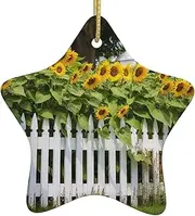 Sunflowers White Picket Fence Christmas Ornament Star Shape Ceramic Christmas Hanging Ornament Christmas Tree Decoration Ceramic Ornament for Xmas Decor Home Office Gift Ideas