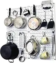 Wall Control 30-KTH-200 WB Kitchen Pegboard Organizer Pots and Pans Pegboard Pack Storage and Organization Kit with White Pegboard and Black Accessories