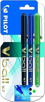 Pilot V Ball 07 Liquid Ink Rollerball Pens 0.7mm Tip Black/Blue/Green Ink Bliste