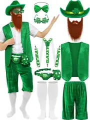 9 Pcs St Patrick'S Day Costume Set for Men Shamrock Vest Suspender Shorts Sequin
