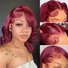 99J Burgundy Bob Wig Human Hair 13x4 Frontal Lace Wig 12 Inch Body Wave HD La...