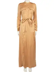 Camel Satin Maxi Shirt Dress