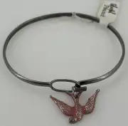 Antiqued Silver Tone Bangle Bracelet Womens Pink Bird Charm Gleeful Peacock NEW