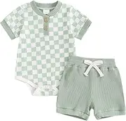 [PanLidapan] Newborn Baby Boys Summer Bodysuit Outfit Checkerboard Short Sleeve Romper Set Elastic Waist Drawstring Shorts 2Pcs Clothes Set