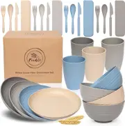 28-Piece Lightweight Dinnerware Set with Modern Semi-Matte Finish - Grey & Blue