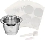 MTSDM 100 Pcs Aluminum Lids Foil and 1Pcs Coffee Capsule Cup, Espresso Foils, Reusable Espresso Capsules Stainless Steel Refillable Coffee Pods with Aluminum Foil Seals Stickers Lids Compatible
