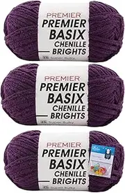 Premier Yarns Basix Chenille Brights Yarn 5.3 Oz Each Skein 6 Super Bulky Chunky Weight 3 Pack Bundle with Bella's Crafts Stitch Markers (Eggplant)