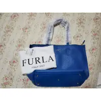 在飛比找蝦皮購物優惠-【限時優惠】FURLA 藍色荔枝紋 牛皮 托特包 手提包 側