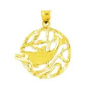 14K Gold Kelp Seascape Dolphin Circle Pendant