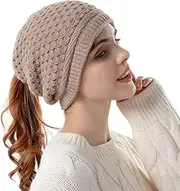 [OZ SMART Australia] Ponytail Hole Beanie Women Hat – Thermal Fleece Wool Warm Winter Cap, Womens Snow Hats for Ski, Heat Retention Skull Beanies for Women & Kid