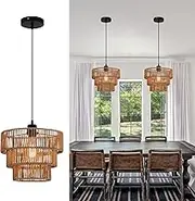 Oninio Boho Chandelier Light Fixture, Farmhouse Rattan Pendant Light, Woven Rope Lampshade