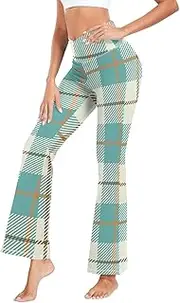 [GuoChe] Buffalo Plaid Fashion Teal Long Yoga Leggings for Women Tummy Control Bootleg Yoga Pants for Pilates Business S