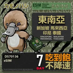 【鴨嘴獸 旅遊網卡】東南亞eSIM 7日吃到飽 高流量網卡(東南亞地區 免插卡 eSIM卡)