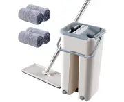 Foldable Flat Mop And Bucket With 4 Squeegee Pads For Washing And Drying Flat Mop