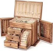 Poyilooo Jewelry Box Organizer, Solid Wood Jewelry Boxes for Women for Storage & Display Necklace Ring Earring Bracelet, Rustic Style Jewelry Organizer Box for Women Gifts (Carbonized Brown)