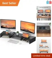 Stylish Black Dual Monitor Stand with Adjustable Height and Storage Solutions
