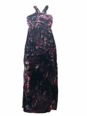 NWT $265 Aidan Mattox Faux Velvet Gown Size 2 Halter Neck Side Leg Slit Floral