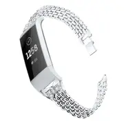 Compatible For Fitbit Charge3 Diamond-Studded Steel Belt Solid Chain Strap Rhinestone Steel Belt Butterfly-Encrusted Strap-SILVER
