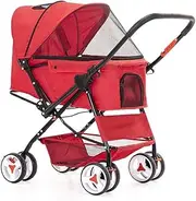 Cat/Dog Pram Stroller Easy One-Hand Fold, 4 Wheel Pet Dog Strollers for Medium Small Dogs Clearance, Reversible Push Handle Pet Stroller Carriage Puppy & Kitten Carrier(Red)