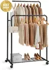 Double-Rod Clothing Rack with Wheels, Metal, Mesh Shelf, Holds 66lbs per Rod