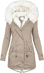 [OULIWANGLUO] Women's Full Zip Fleece Lined Parka Jacket Warm Long Sleeve Drawstring Parka Jacket Hooded Faux Fur Hooded Coat