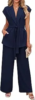 [PRETTYGARDEN] Women's Summer 2 Piece Outfits 2024 Cap Sleeve V Neck Blazer Vest Wide Leg Pant Sets Office Work Clothes